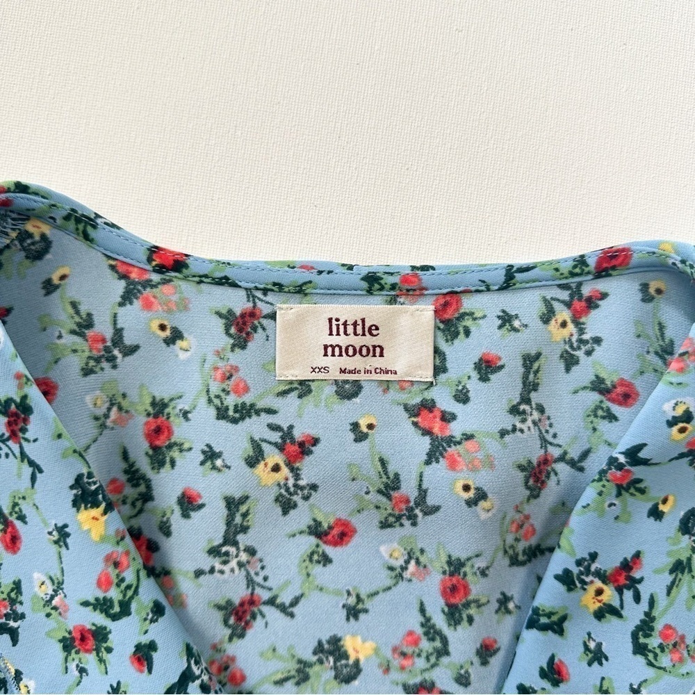 Little Moon Blue Elm Floral Wrap Midi Wrap Women Longsleeves Ruffle Dress Sz XXS - Picture 13 of 16